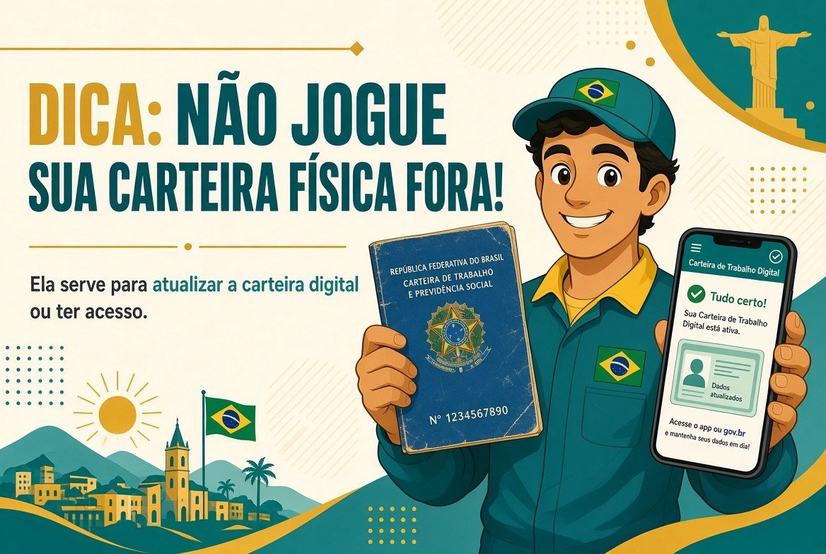 Dica: não jogue sua carteira de trabalho física fora. Ela serve para atualizar a carteira digital ou ter acesso.